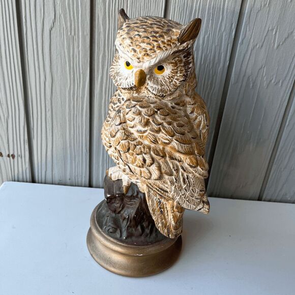 VTG 1973 Hand-Painted Ceramic Owl Sculpture Signed Artist Gold Base Retro Decor - Picture 9 of 9